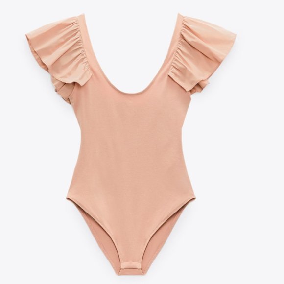 ZARA PEACH RUFFLE SLEEVE POPLIN BODYSUIT - Picture 1 of 7